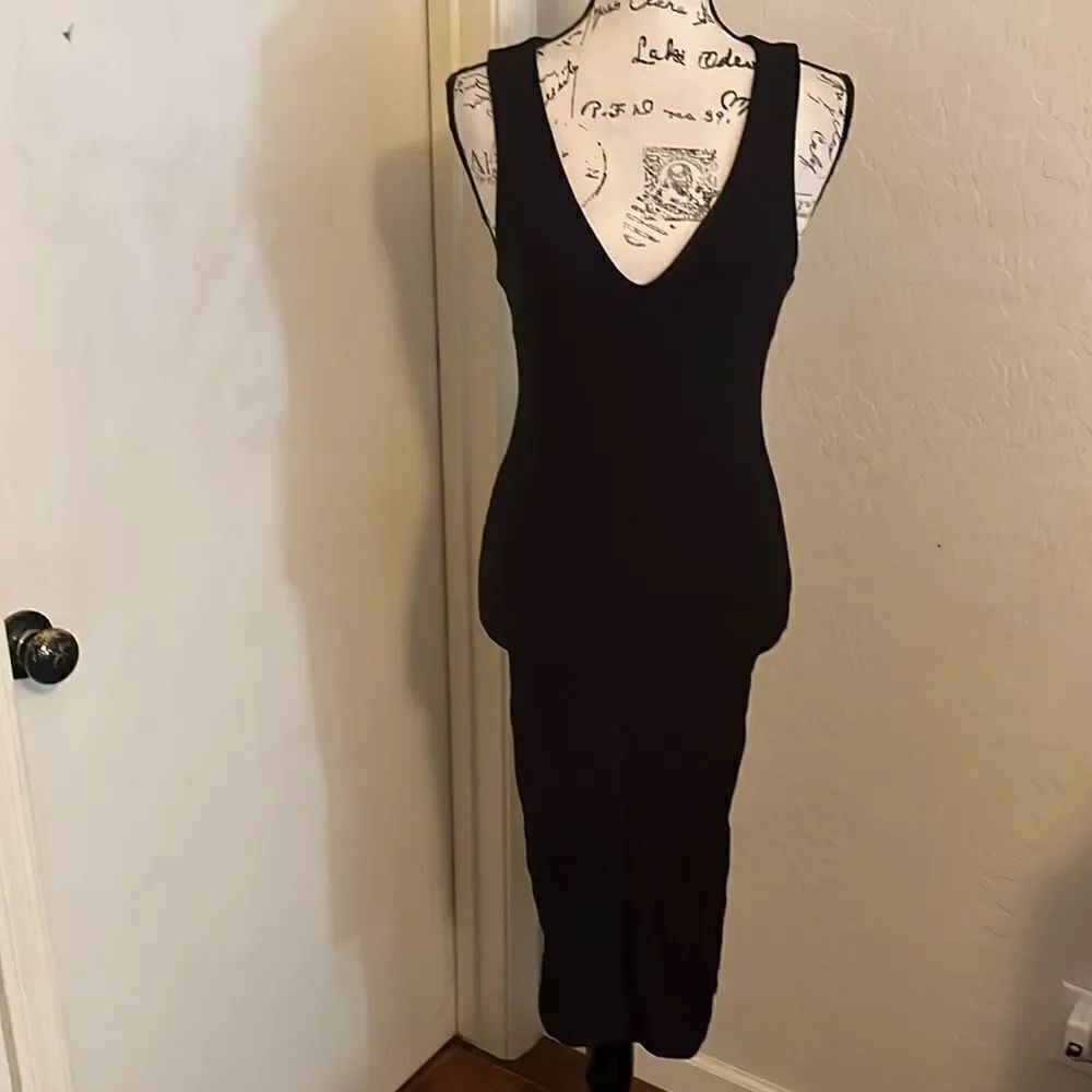 Bebe Black V-Neck Embroidered Midi Dress Contemporary Feminine Party Event